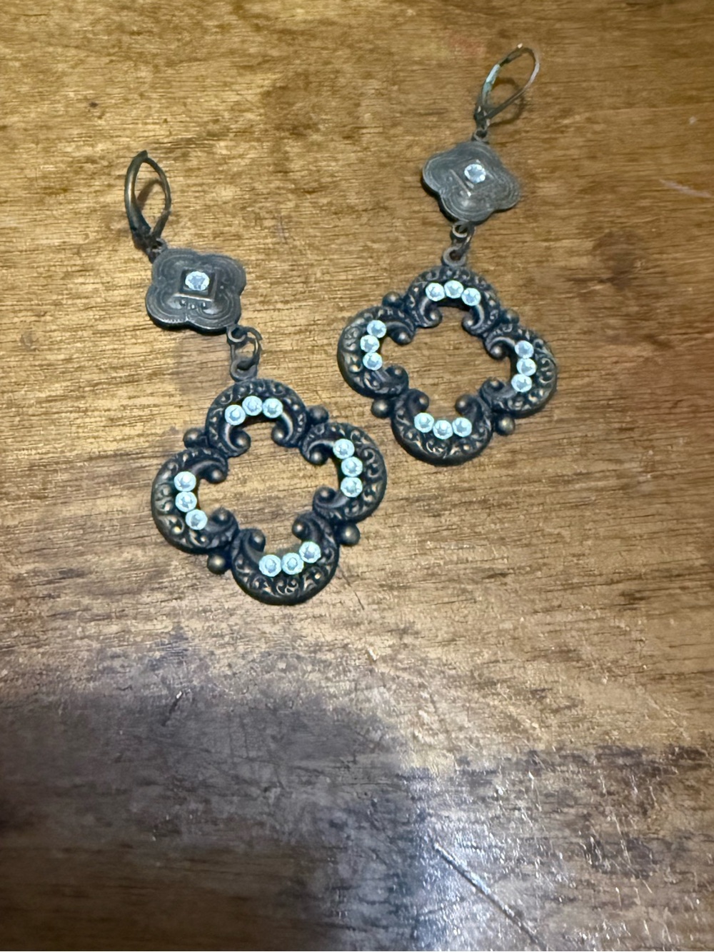 Antique-Style Silver-Tone Filigree Drop Earrings with White Accent Stones